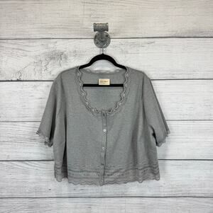 Lovefool Plus Size Ribbed Lace Trim Button Front Crop Short Sleeve Top Size 4X